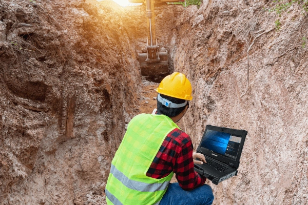 Baustellenarbeiter mit Laptop