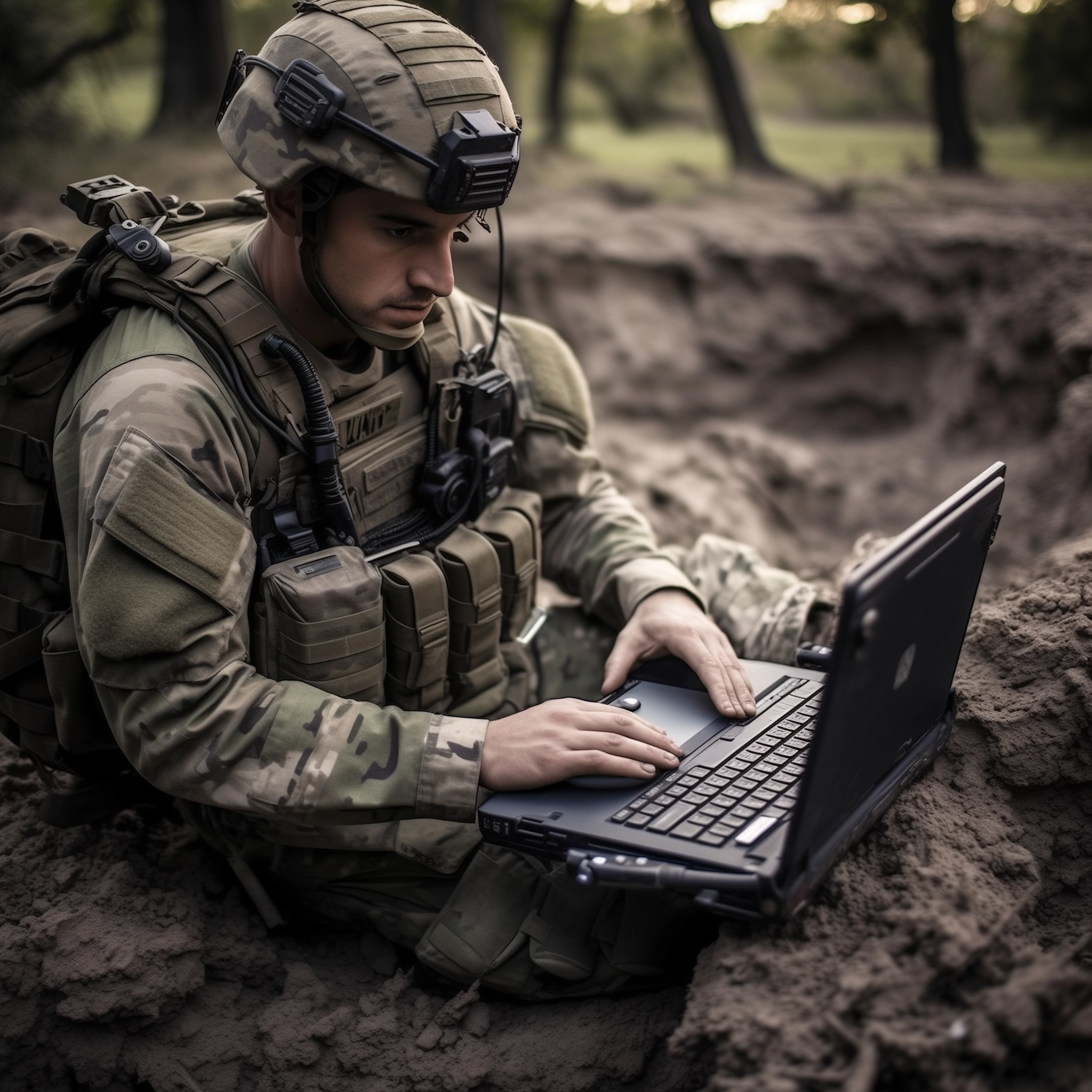 Outdoor Laptop Durabook Z14I wird von Soldat im Freien benutzt